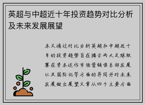 英超与中超近十年投资趋势对比分析及未来发展展望